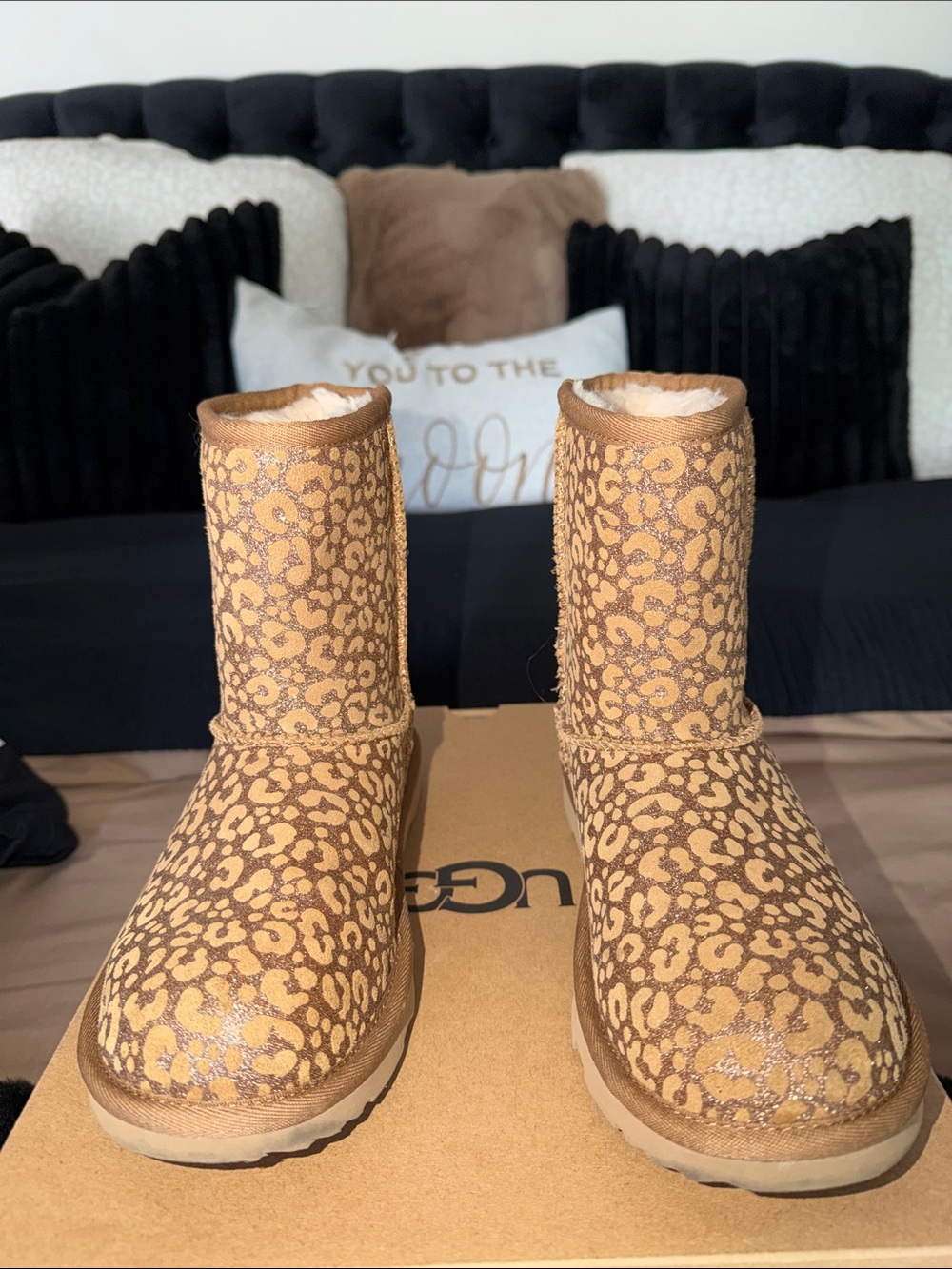 UGG Chestnut Leopard Print Short Shearling Boots